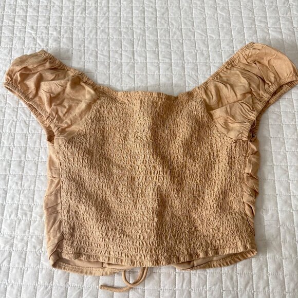 Japna Womens Tan Off-Shoulder Smocked Crop Top M 100% Rayon Made In India - Picture 2 of 5